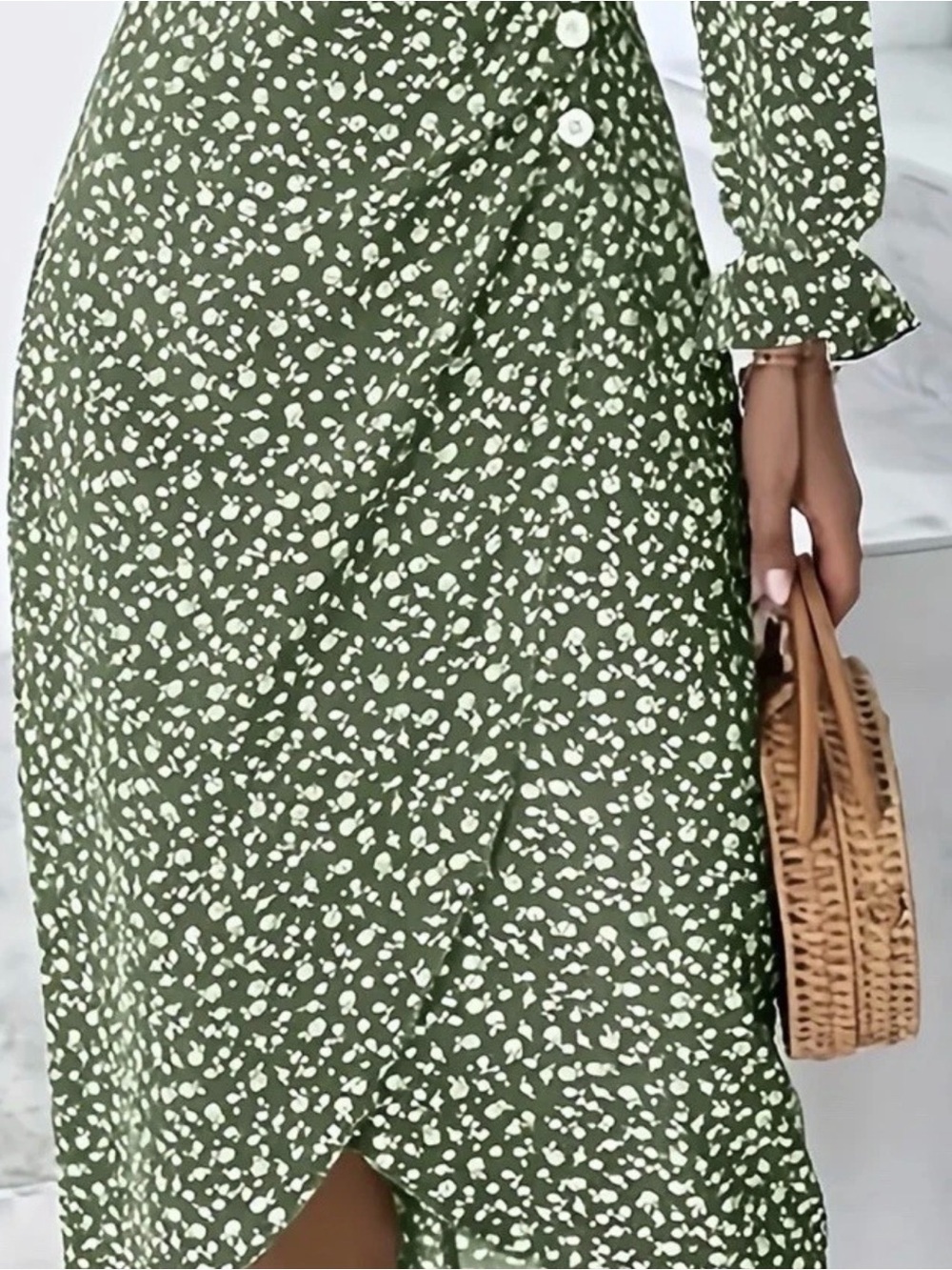 Green Floral Wrap Mini Dress with Button Detail - Picture 3 of 4